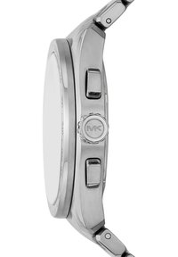 Sølv rustfrit stål ur med glat bezel, tre sideknapper og en poleret finish. Ingen synlige mærkninger på urskiven.