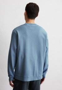 Felpa blu chiaro con un design semplice, girocollo, polsini e orlo a coste. Tessuto morbido con una consistenza liscia, mostrata da dietro.