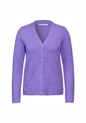 Paarse cardigan van zacht materiaal, met een V-hals, vijf knopen en geribbelde manchetten en zoom. Eenvoudig, klassiek ontwerp.