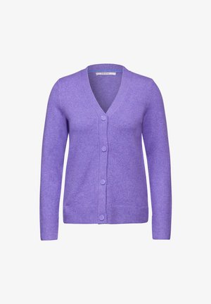 Lila Strickjacke aus weichem Material, mit V-Ausschnitt, fünf Knöpfen sowie gerippten Bündchen und Saum. Einfaches, klassisches Design.