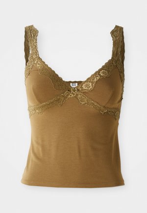 Bronzen top met kantdetails, voorzien van verstelbare bandjes, delicate bloemenpatronen en een zachte, gladde textuur. Centraal knoopdetail.