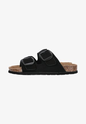 Schwarze Sandalen mit zwei Riemen und quadratischen Schnallen, Obermaterial aus Wildleder, Kork-Zwischensohle und strukturierter Gummisohle für Grip und Komfort.