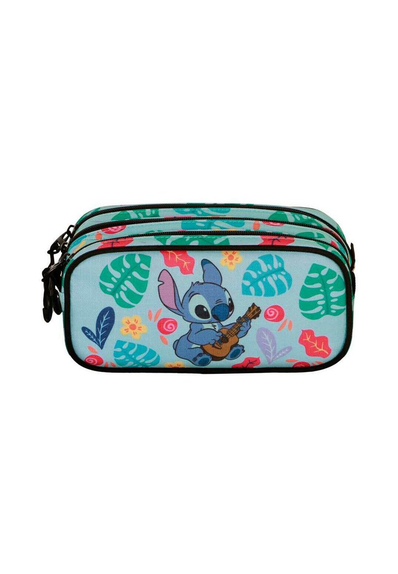 Trousse à crayons multicompartiment en tissu bleu clair avec le personnage Stitch jouant du ukulélé, entouré de feuilles tropicales colorées.