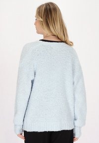 Maglione azzurro chiaro a maglia con vestibilità ampia, scollo rotondo e orlo a costine. Texture morbida e maniche lunghe, leggermente affusolate.
