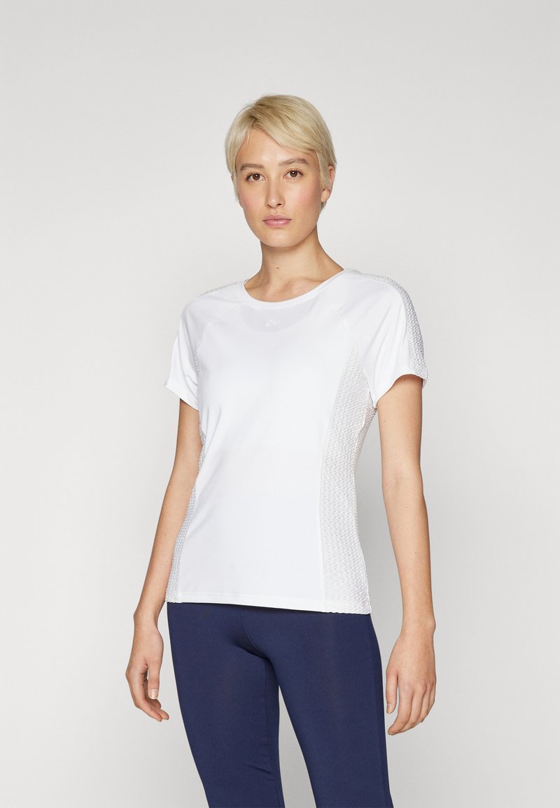 White athletic t-shirt with short sleeves, featuring mesh side panels and a round neckline, made from lightweight, breathable fabric.