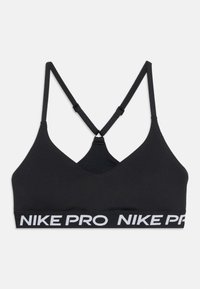 Μαύρο αθλητικό σουτιέν με λεπτές ρυθμιζόμενες σταυρωτές τιράντες και φαρδιά ελαστική ταινία με λευκό κείμενο "NIKE PRO" σε λευκό φόντο.
