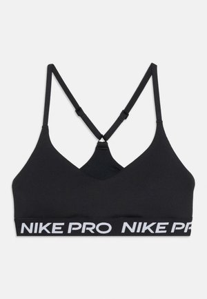 Sujetador deportivo negro con finas tiras cruzadas ajustables y banda elástica ancha con texto blanco "NIKE PRO" sobre un fondo blanco.