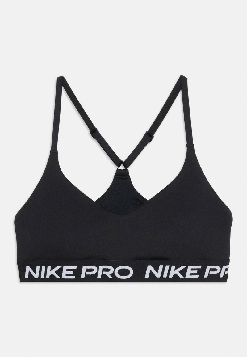 Μαύρο αθλητικό σουτιέν με λεπτές ρυθμιζόμενες σταυρωτές τιράντες και φαρδιά ελαστική ταινία με λευκό κείμενο "NIKE PRO" σε λευκό φόντο.