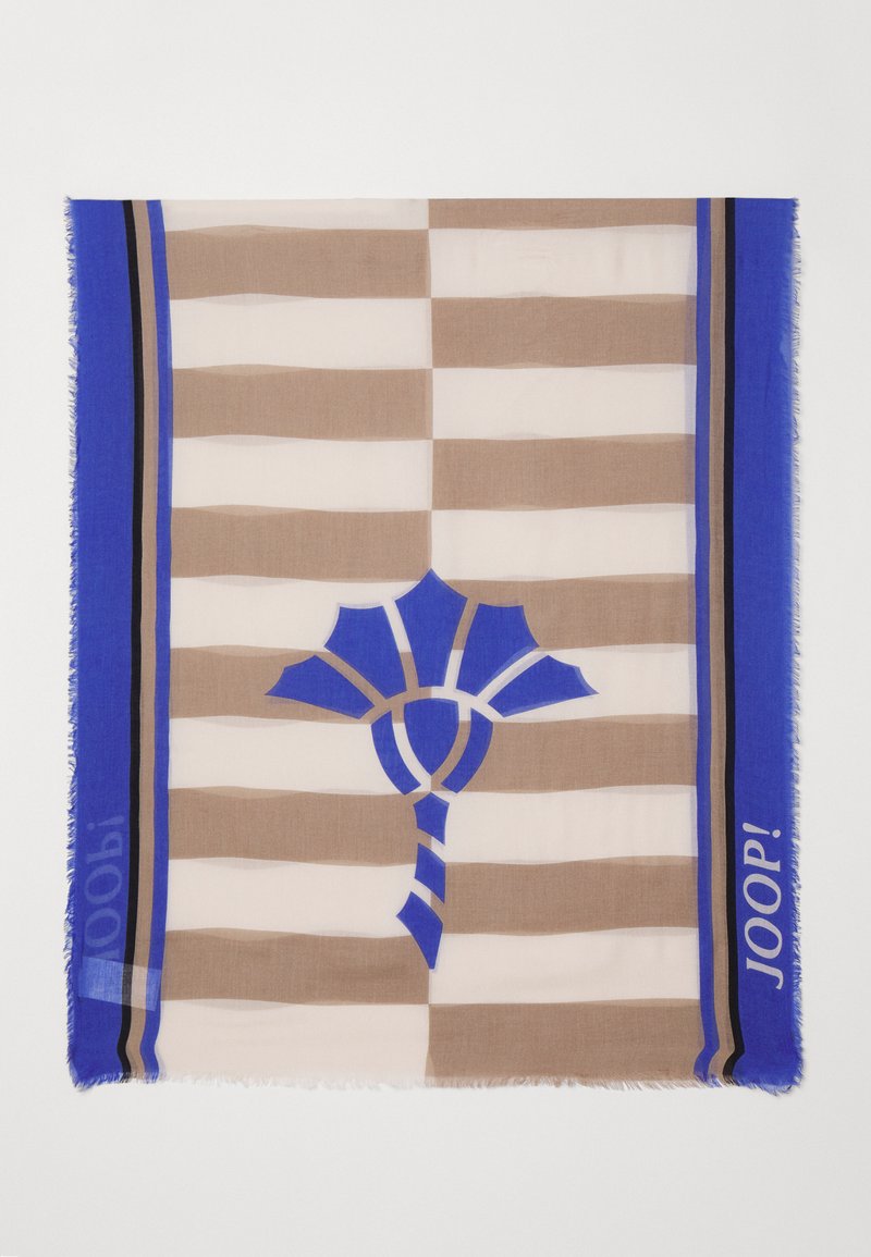 Écharpe à motifs avec des rayures marron et crème, ornée d'un design bleu et de bords à franges. Accent de logo notable sur le côté droit.