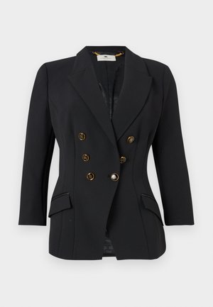 Black double-breasted blazer with gold buttons, structured shoulders, and two front pockets. Made from a smooth, tailored fabric.