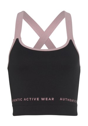 Black activewear sports bra with light pink crossback straps; features a thick band with "AUTHENTIC ACTIVE WEAR" printed in pink.