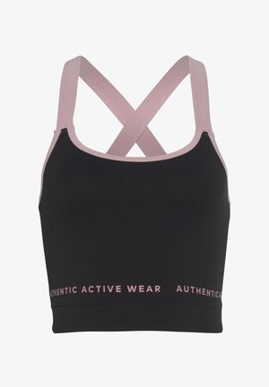 Schwarzer Sport-BH für aktive Sportarten mit hellrosa Kreuzträgern; verfügt über ein breites Band mit "AUTHENTIC ACTIVE WEAR" in Pink bedruckt.