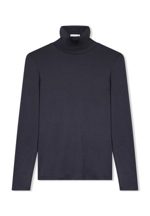 Maglione collo alto blu scuro a maniche lunghe realizzato in tessuto liscio, caratterizzato da un design aderente con dettagli di cucitura sottili e senza motivi visibili.