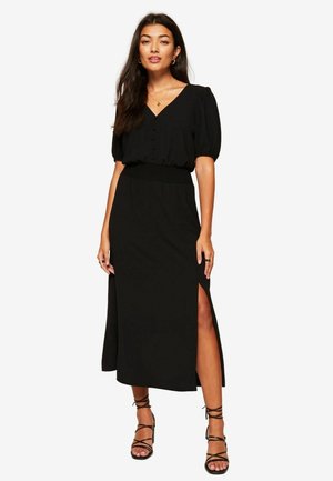 REGULAR FIT - PUFF SLEEVE RUCHED WAIST V-NECK MIDI - Tričkové šaty - black