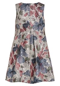 Kwiatowa sukienka z bezrękawowym fasonem, metalicznym połyskiem oraz wzorzystymi pastelowymi odcieniami w niebieskim, różowym i zielonym kolorze, z rozkloszowanym dołem.