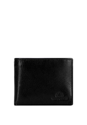 Czarny, skórzany portfel dwuczęściowy z widoczną fakturą ziarna i wytłoczonym logo w dolnym prawym rogu na białym tle.