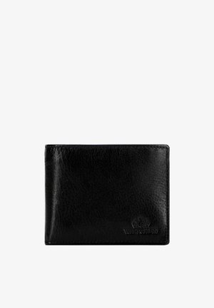 Black leather bifold wallet with visible grain texture and embossed logo in the lower right corner against a white background.