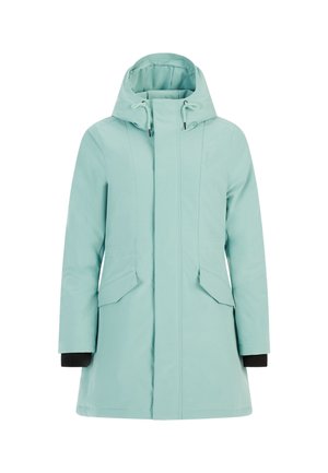 Een muntgroene parka met een capuchon, elastisch trekkoord, twee zijzakken en ribbelachtige zwarte manchetten. Glad, waterafstotend materiaal.