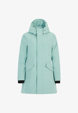 Een muntgroene parka met een capuchon, elastisch trekkoord, twee zijzakken en ribbelachtige zwarte manchetten. Glad, waterafstotend materiaal.