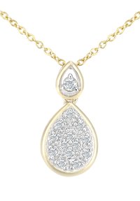 Auksinė ir sidabrinė ašaros formos pakabukas su centriniu deimantu ir sudėtingu mažų deimantų ornamentu. Grandinėlės jungtys matomos.