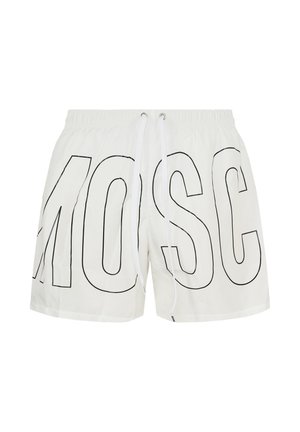 Witte shorts met grote zwarte omlijnde letters "M", "O", "S" en "C" aan de voorkant en een witte trekkoorden tailleband.