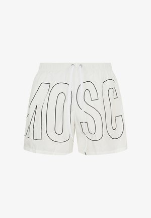 Pantaloncini bianchi con grandi lettere nere contornate "M", "O", "S" e "C" sul davanti e una vita con coulisse bianca.