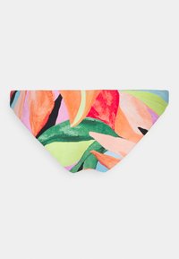 Parte de baixo de bikini em tela, apresentando um vibrante padrão floral nas cores laranja, rosa, verde e azul. Textura suave com um corte de cintura baixa.