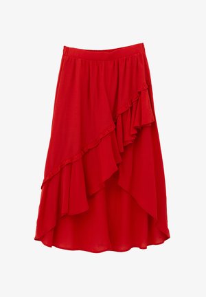 Rode chiffon rok met een gerimpelde asymmetrische zoom en een gladde textuur, met een rekbare tailleband voor comfort.