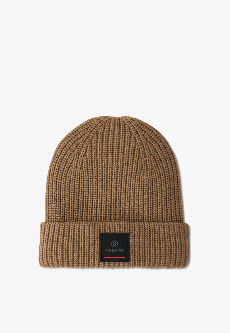 Knitted brown beanie with a ribbed texture, featuring a folded cuff and a black label with "FIRE+ICE" branding.