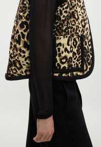 Leopárdmintás mellény bézs alapon, fekete szegéllyel és egyetlen zsebbel. Átlátszó fekete hosszú ujjú felsőre viselve.