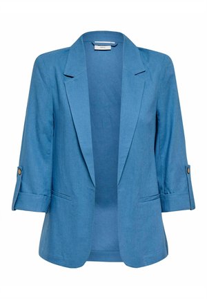Blazer bleu pour femme avec manches 3/4 retroussées maintenues par des pattes à boutons, revers crantés et deux poches passepoilées à l'avant.