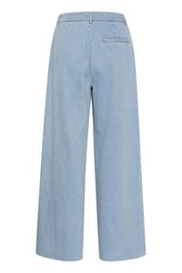 Light blue wide-leg jeans made of denim, featuring a high waist, back pocket, and smooth texture. No visible hardware or patterns.