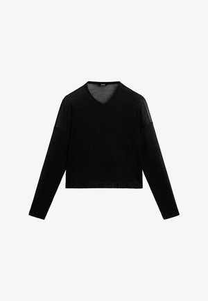 Black long-sleeve top with a V-neck, made of a lightweight, sheer material. Features cropped design and relaxed fit with wide sleeves.