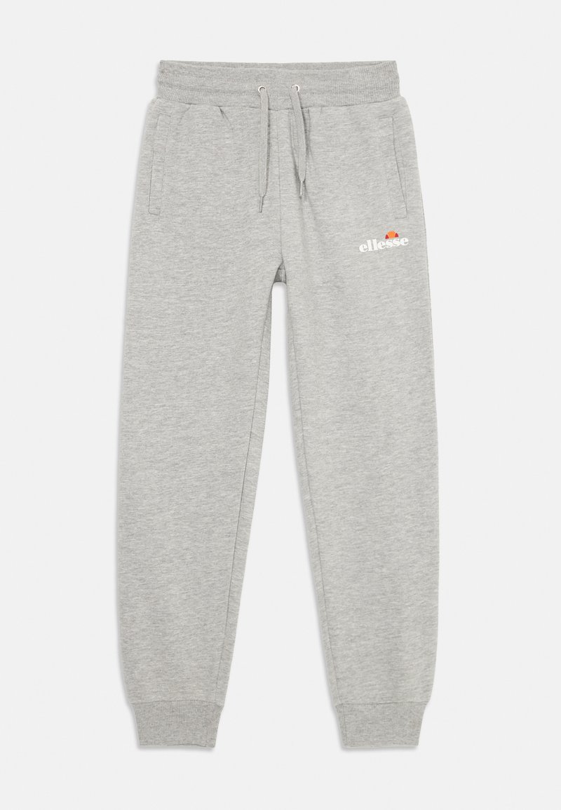 Calças de sweat cinza claro com cintura elástica, cordão, bolsos laterais, punhos canelados e pequeno logótipo branco e laranja da ellesse na coxa esquerda.