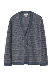 Cardigan van gebreid wol met een geometrisch patroon in blauw en beige, V-hals, knoopsluiting en ribbelboorden bij de mouwen en onderkant.