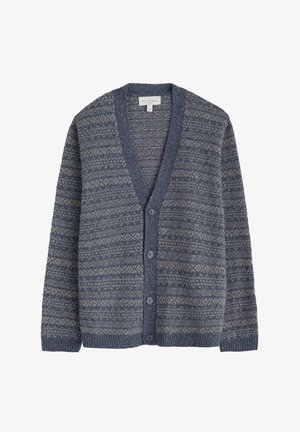 Cardigan in lana lavorata a maglia con un motivo geometrico blu e beige, scollo a V, chiusura con bottoni e polsini e orlo a coste.