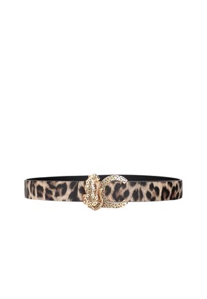 Cinturón con estampado de leopardo y hebilla dorada en forma de leopardo y un creciente, decorado con pequeñas manchas negras en la hebilla.