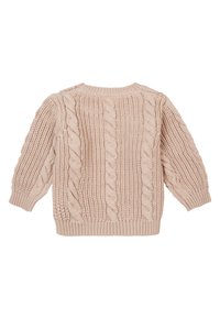 Chunky stickad tröja i ljus beige, med ett kabelmönster och ribbade märken och nederkant. Rund hals och långa ärmar, texturerad design.