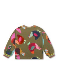 Groene sweatshirt met kleurrijke kipprints. Heeft een ronde halslijn, lange mouwen en gestreepte ribbels bij de manchetten en onderkant.