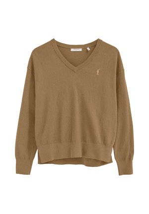 Jersey marrón de manga larga con cuello en V, puños y dobladillo acanalados, pequeño logo bordado de jugador de polo en el pecho izquierdo.