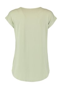 Light green short-sleeve top with a relaxed fit, rounded neckline, and smooth texture. Hemline features a subtle curved cut for added style.
