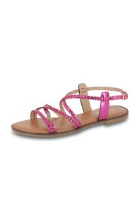 Sandales tressées roses avec plusieurs brides croisées, une bride métallique à la cheville et une semelle plate couleur tan au toucher lisse.