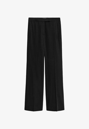 Schwarze weit geschnittene Hose aus glattem Stoff mit flachem Vorderteil, ausgestattet mit einem Taillenbund und ohne sichtbare Verschlüsse oder Taschen.