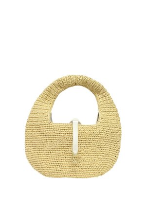 Sac à main en paille tissée beige avec poignée supérieure arrondie et bandoulière en cuir blanc, avec petite fermeture à boucle dorée centrée à l'avant.