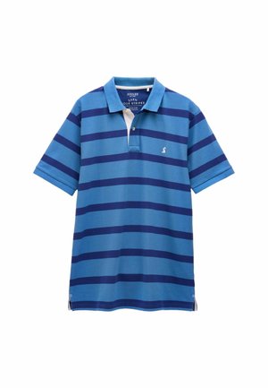 Blaues Polohemd aus Baumwolle, mit horizontalen marineblauen Streifen, einem Kragen und einem kleinen Logo auf der Brust. Seitenschlitze am Saum.