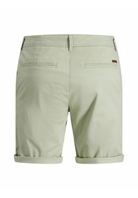 Shorts vert clair avec une texture lisse, deux poches arrière et des revers roulés. Dotés d'un petit détail en cuir marron sur la ceinture.
