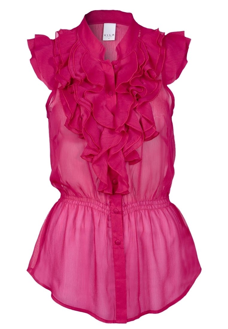 Blusa senza maniche fucsia con parte anteriore a strati e volant, leggero lucido, chiusura a bottone e vita elasticizzata per un effetto arricciato.