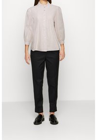 Blusa rosa chiaro, strutturata, con colletto alto, chiusura con bottoni e pince, abbinata a pantaloni neri a sigaretta e mocassini neri.