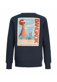 Felpa blu navy con una grafica colorata di un tempio di Bangkok, sole rosso, cielo blu e nomi dei quartieri della città in inglese e thailandese sul retro.