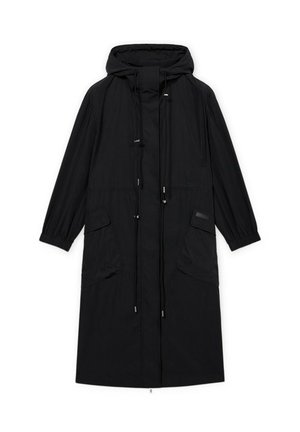 Lang sort hætteparka med frontlynlås, snoretræk, elastiske manchetter og klaplommer på hver side.